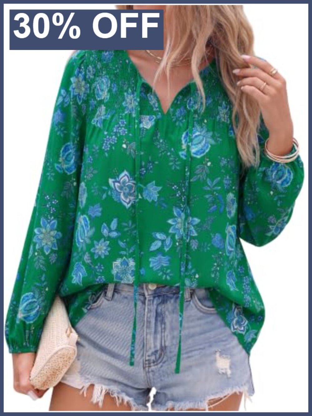 Women's Boho Floral Peasant Blouse V Neck Smocked Tie Front Long Sleeve